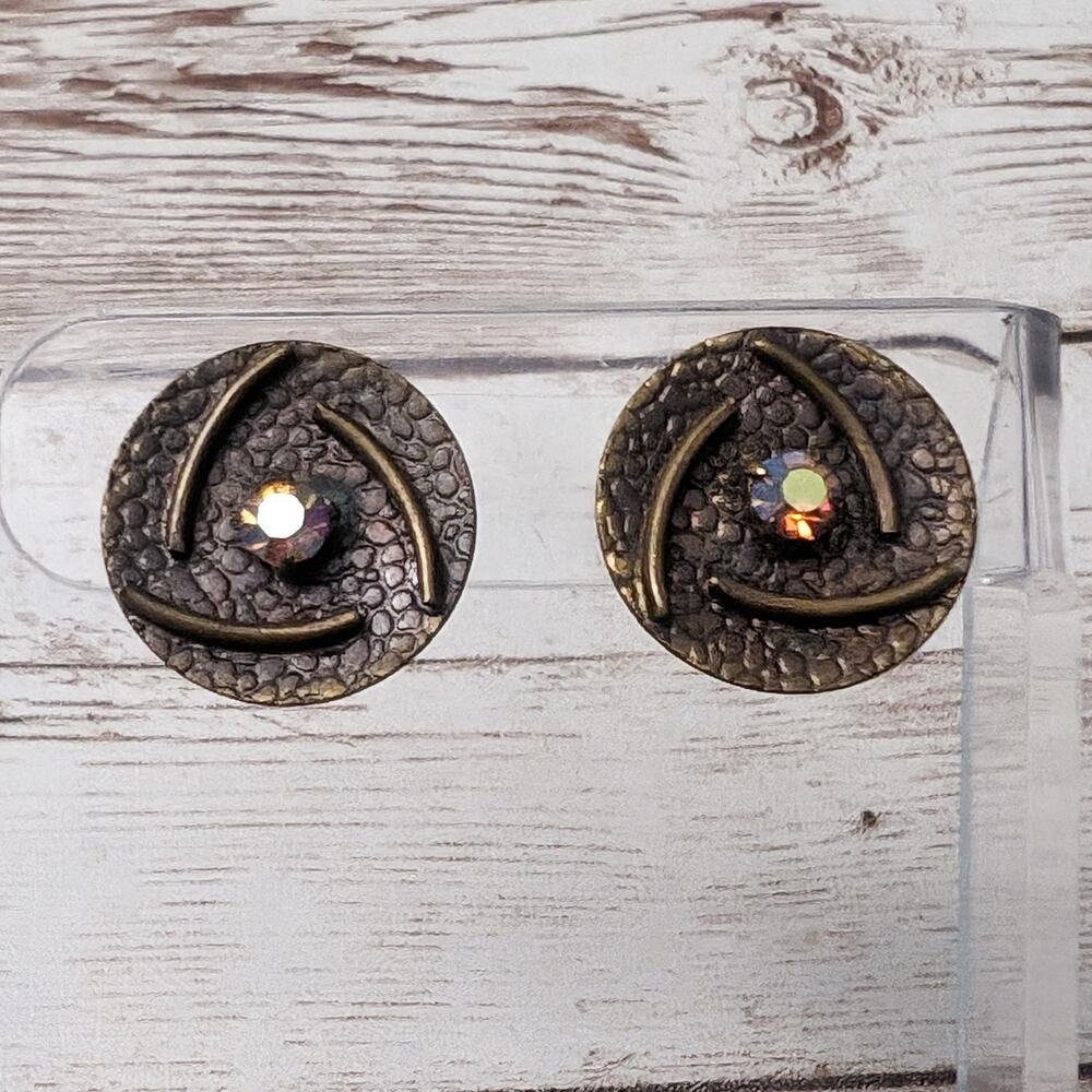 Vintage Clip On Earrings Metal Circle with Iridescent Gems